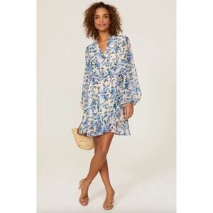 NWT! Alexia Admor Blue Floral Faux Wrap Ruffle Trim Mini Dress Size 8